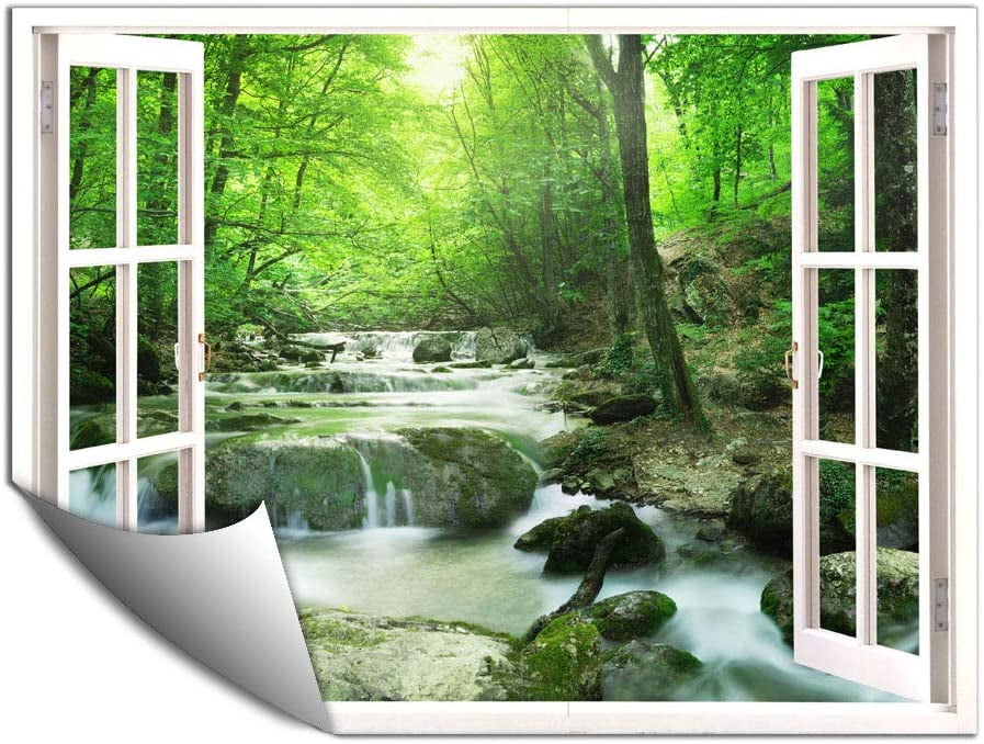 3D Fake Window Stream Forest Landscape View Wall Sticker Vinyl Decal Wallpaper
