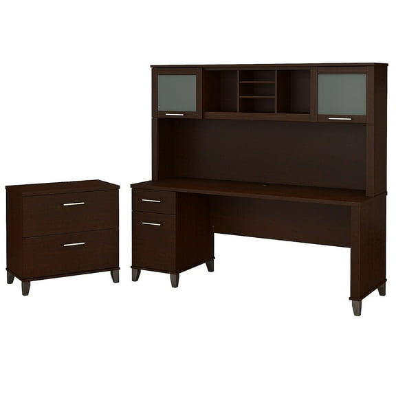 Bush Furniture Somerset 72W Desk with Hutch & File Cabinet in Mocha Cherry