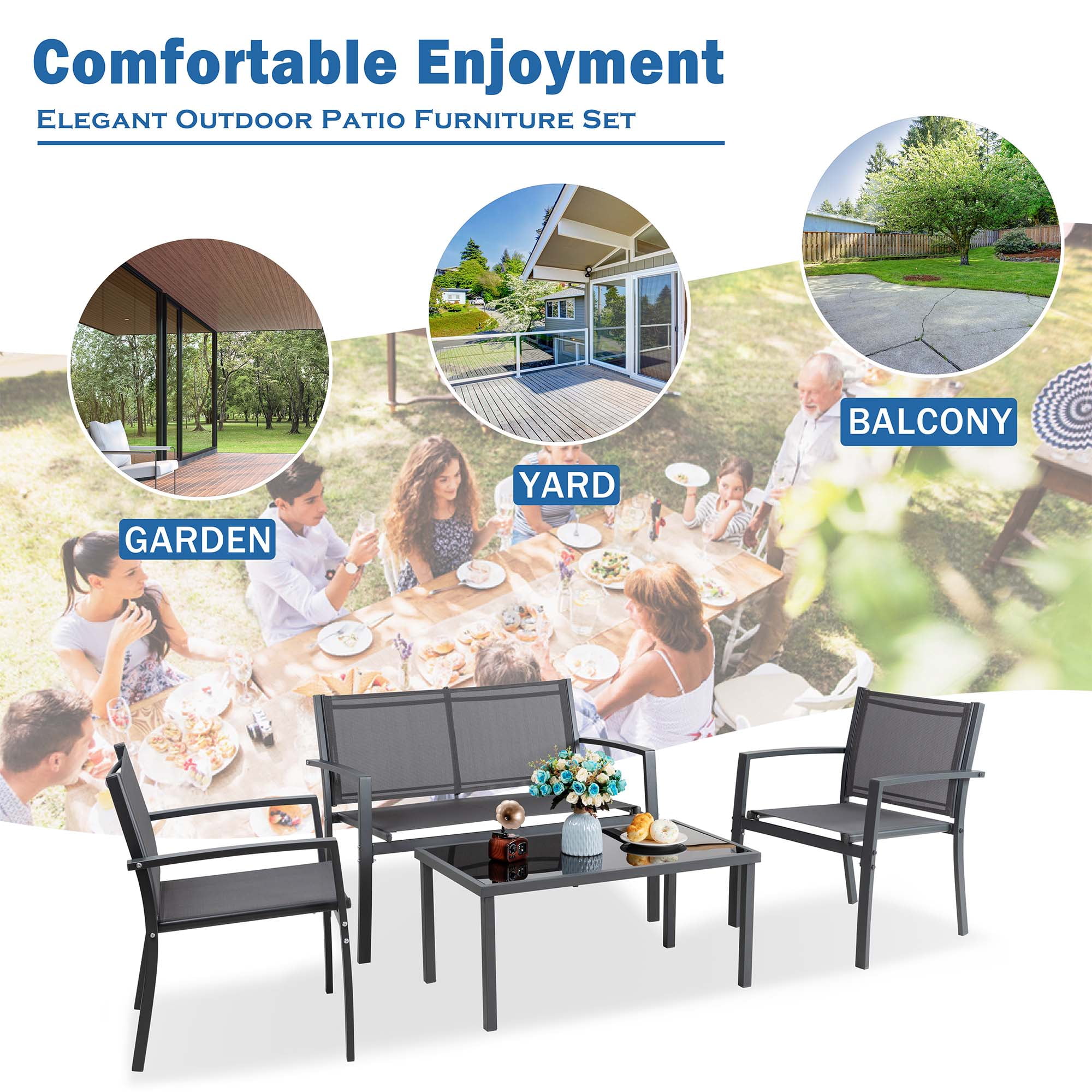 Walsunny 4 Pieces Outdoor Furniture Set All Weather Patio Textilene Steel Conversation Set, Patio Furniture Set Bistro Set with Loveseat ea Table for Lawn and Balcony, Gray