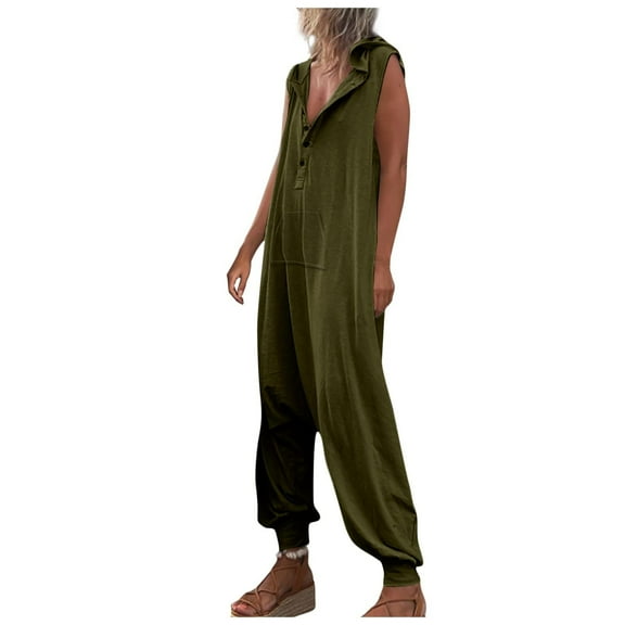 gakvbuo Jumpsuit For Women With Pockets Button V-Neck Sleeveless Suspender Hooded Long Pant Romper Jumpsuit Rompers Overalls Sports Cuffed Pants Tapered Pants