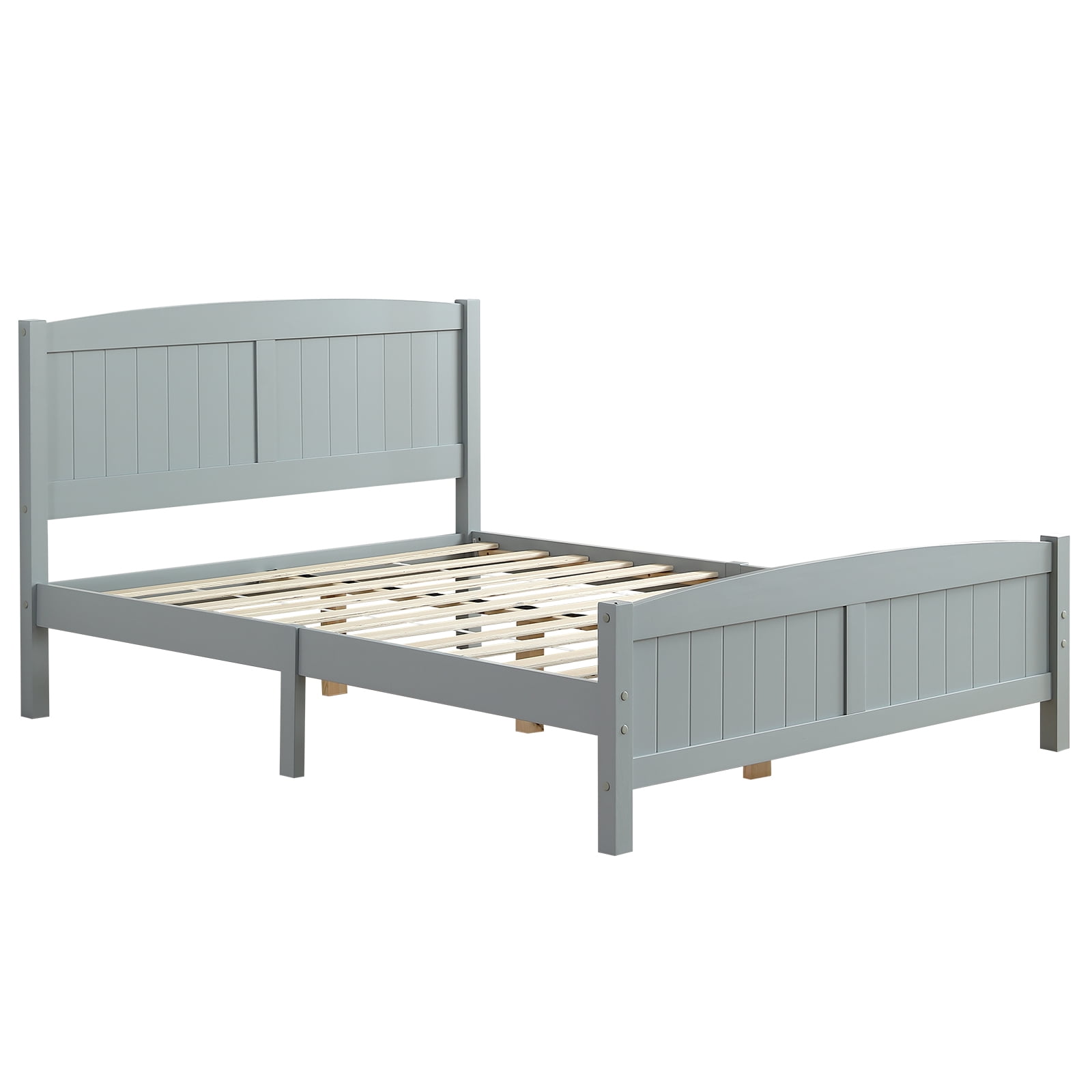 Full Single Bed Frame Vertical Striped Decorative Curved Headboard and Footboard Bed Frame Painted + Melamine Veneer & Pine + MDF Wood Bed, 77.8*56.54*37.8in Grey
