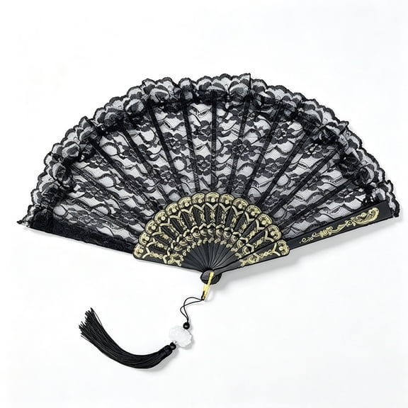 Retro Black Lace Folding Fan, Handheld Foldable Fan with Tassel Pendant, Vintage Elegant Hand Fan for Women, Birthday Party, Wedding, Dancing, Cosplay Costume Accessories