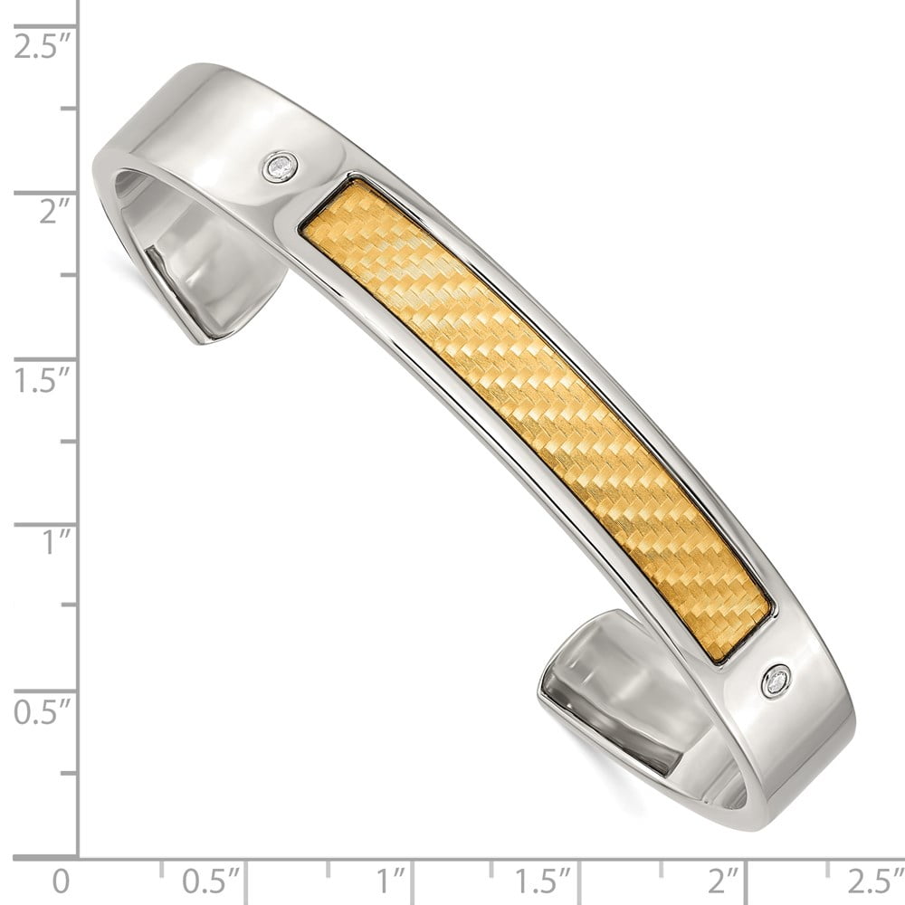 Stainless Steel Bracelet Cuff Men's Diamond 20 mm 7 in Chisel with 18k Gold Accent Polished and Textured 1/20 carat Bangle