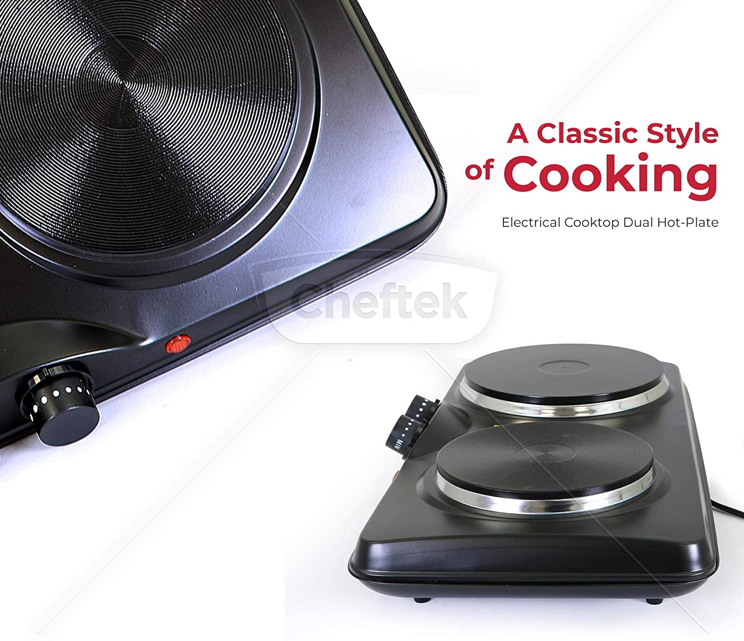 Cheftek CT1010 Dual Electric Stove with 6’’ and 7.5’’ Cook Plates; 1700W; Enamel Coated Iron; Black