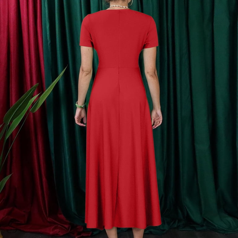 Women's Plus Size Casual Fashion Solid Color Round Neck Short Sleeve Pocket  Tie-Waist Swing Dress - Red XL - Walmart.com