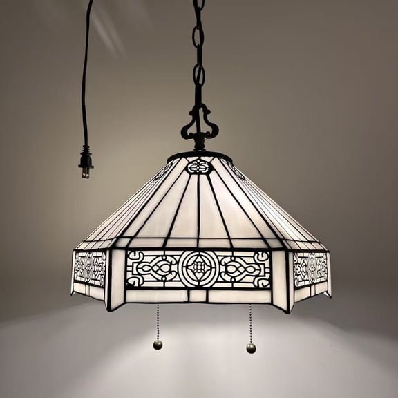 Tiffany Pendant Lights Plug In White Hexagon Stained Glass LED Bulb Included for Dining Room Hotel Restaurant Cafe 16"W*16"D*75"H