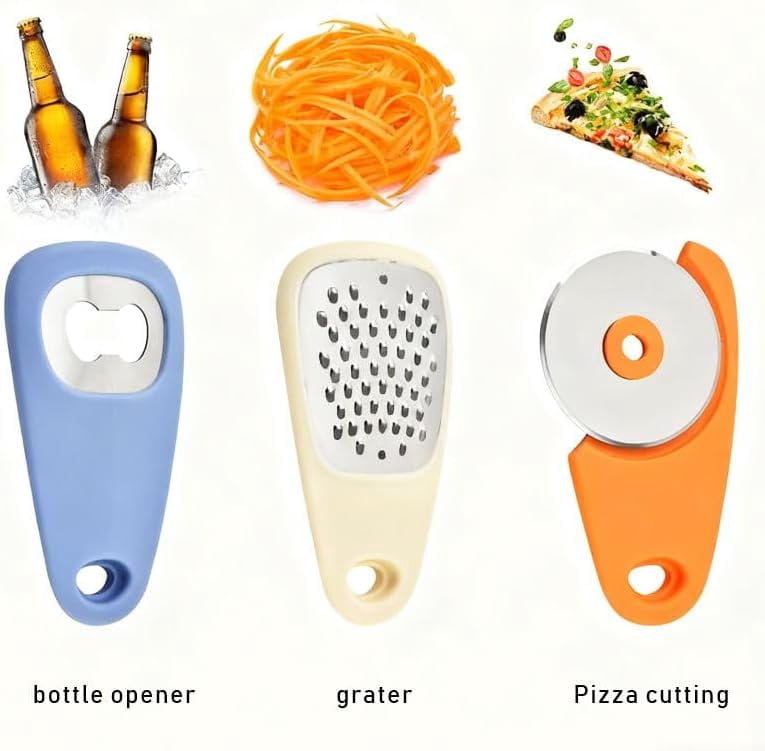6-in-1 Kitchen Gadget Set - Vegetable Peeler, Pizza Cutter, Cheese Grater, Garlic Press, Bottle Opener & Herb Chopper, Multifunctional Cooking Tools