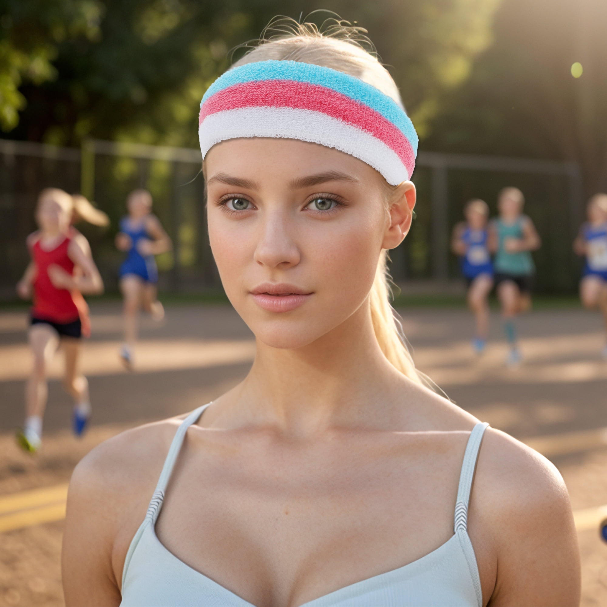 Unique Bargains 3Pcs Comfortable Headband With Wristband Sweat Headband White Blue Red