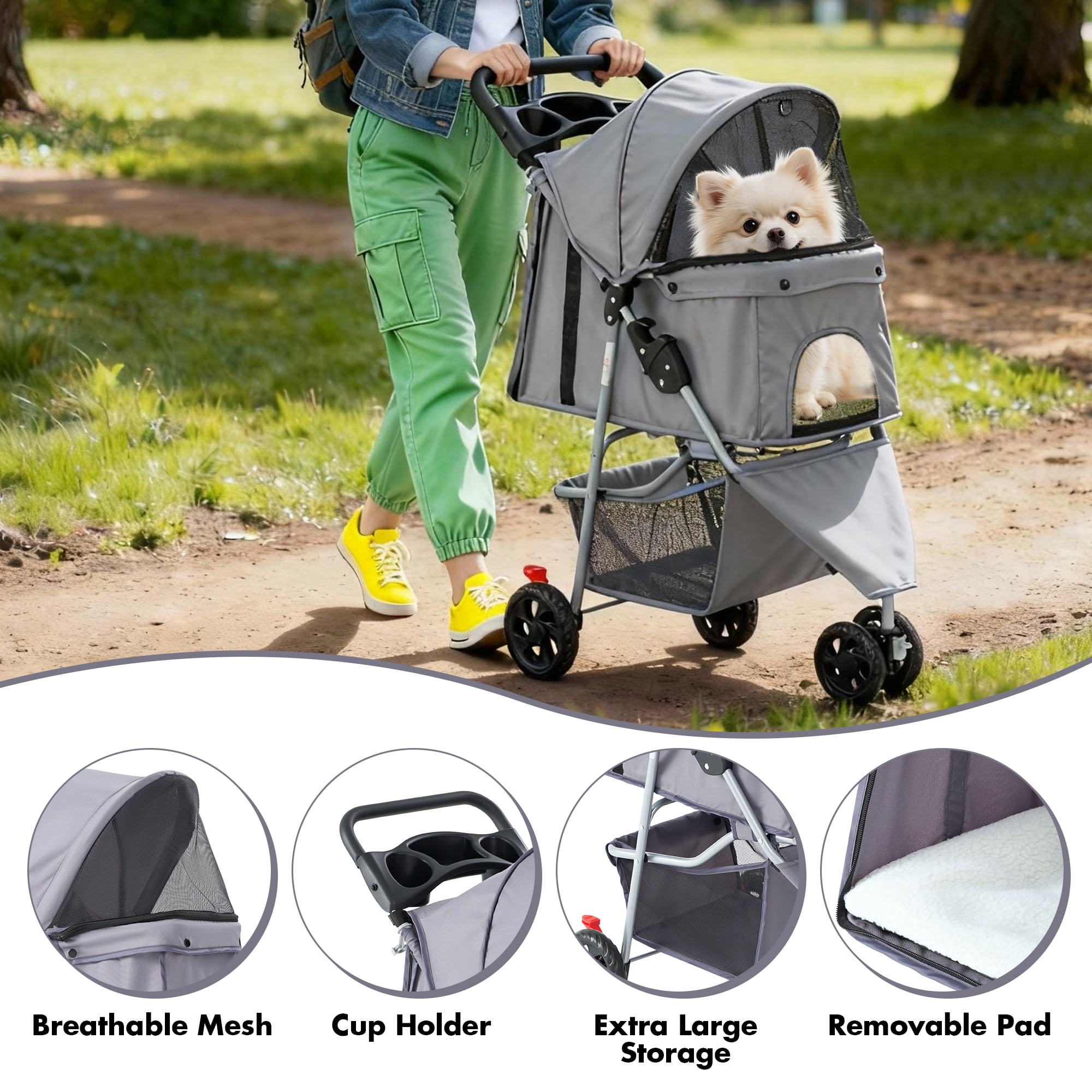 Gianna 3-Wheel Pet Stroller for Dogs, Jogging Stroller with Breathable Mesh Window, Large Storage Basket and Cup Holder