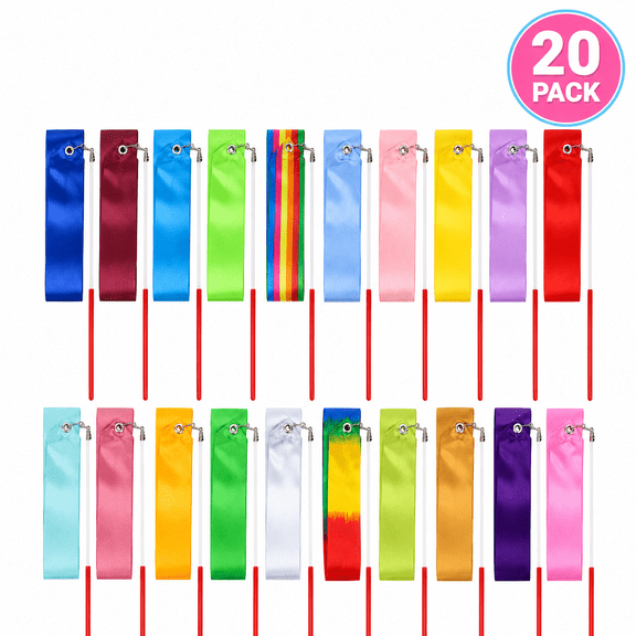 Kabuer Gymnastics Ribbon Wands, 6.6ft Non-Slip Handle, 20-Pack, Colorful Streamers for Dance
