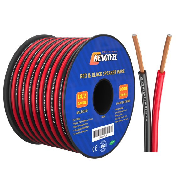 Cable de altavoz KENGIYEL, calibre 14, 30 m, 2 conductores, rojo y negro