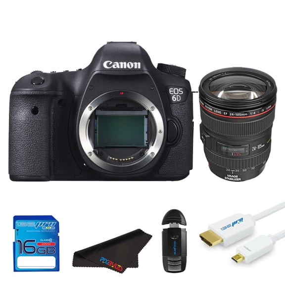 Canon EOS 6D DSLR Camera + Canon 24-105mm IS USM Lens + SD Card + Pixi Starter Bundle Kit