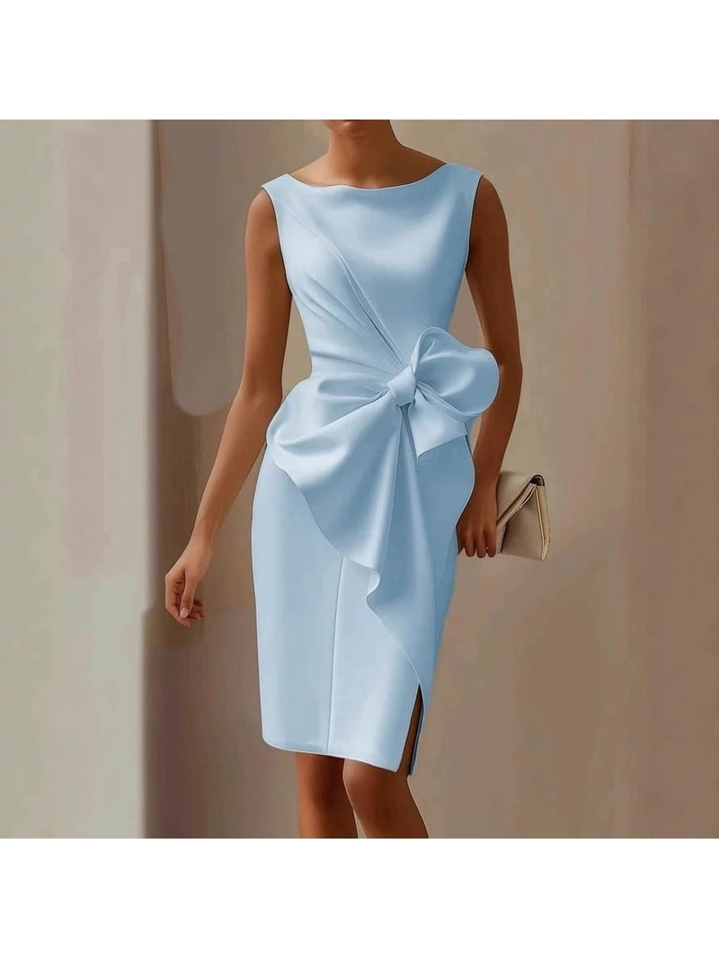 2026 New Women's White Boat Neck Sleeveless Bow Knot Bodycon Midi Dress Elegant Cocktail Party Formal Dress