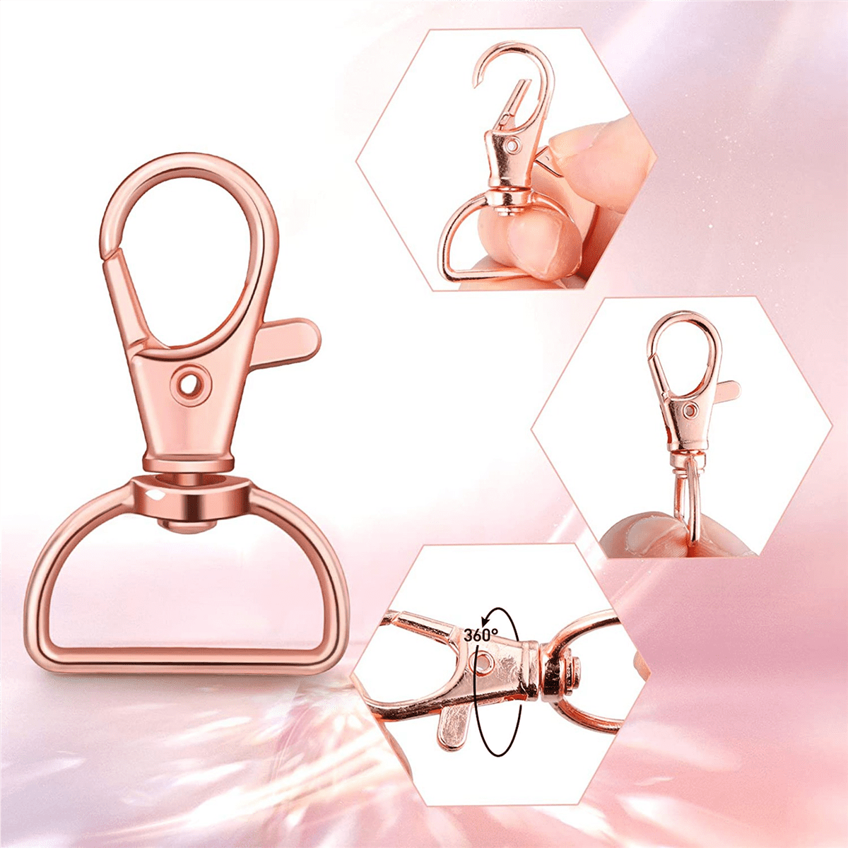 105Pcs Swivel Clasps Lanyard Snap Hooks Keychain Clip Hook Lobster Claw Clasp Metal Hook Clasp with D Rings Rose Gold,105 * Swivel clasps,Rose gold