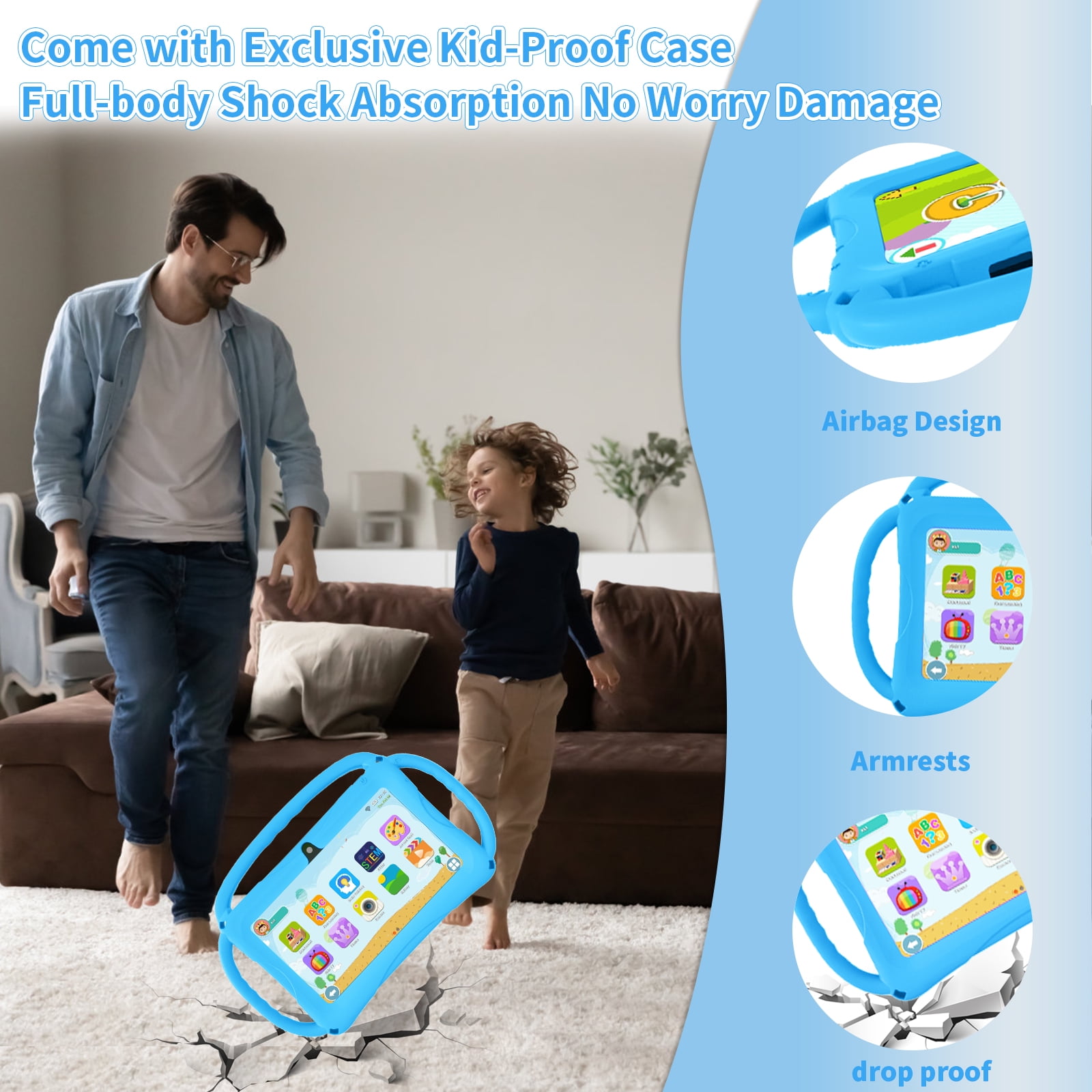 Kids Tablet 7 inch Android 11, 6GB RAM 32GB ROM, 512GB Expandsion, with Parental Control, WiFi, Bluetooth, Dual Camera with Silicone Case, 1PCS(light blue)