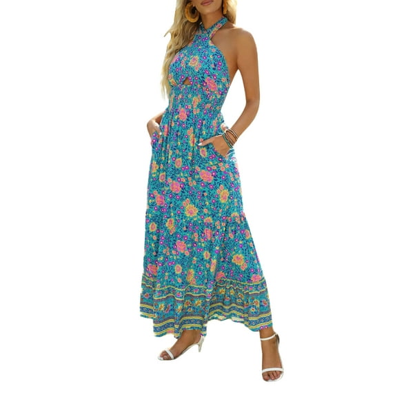 Qmyliery Women's Tie-Up Halter Dress, Flower Print Hollow-Out Sleeveless Backless Ruffle Hem Long Dress,S/M/L/XL