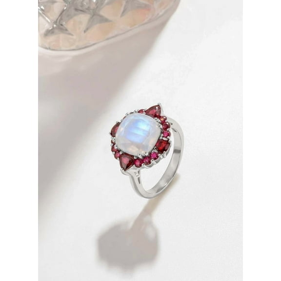 Sechi Moonstone and Garnet 925 Sterling Silver Cluster Ring Gemstone Jewelry (6.5)