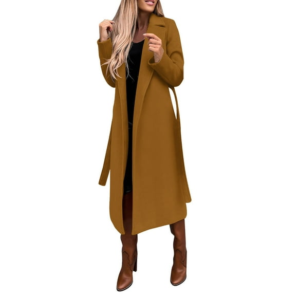 DondPO Wool Coats for Women Women's Faux Wool Coat Blouse Thin Coat Trench Long Jacket Ladies Slim Long Belt Elegant Overcoat Outwear Womens Wool Coat Long Coats for Women Trendy Brown M Clearance!