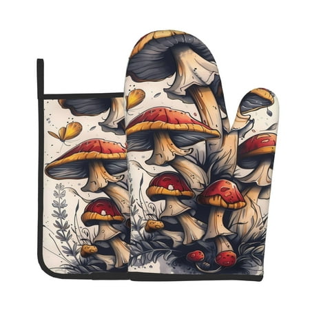 

KLL Cute Forest Mushrooms Pattern Oven Mitts and Pot Holders 2pcs Sets for Kitchen Oven Mitt Heat Resistant 536°F Oven Gloves for Kitchen Cooking and Baking