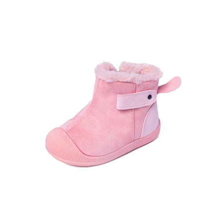 

SIMANLAN Girls Boys Warm Ankle Boot First Walkers Fuzzy Snow Boots Rubber Sole Fluffy Crib Shoes Walking Anti Collision Winter Shoe Cold Weather Faux Fur Lining Booties Pink 8C