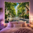 thumbnail image 2 of Vintage Cream Car on a Sunlit Tree-Lined Street, Peaceful Illustration for Travel Lovers, Summer City Art, Housewarming Gift, Tapestry Wall Hanging for Bedroom and Living Room, 2 of 7