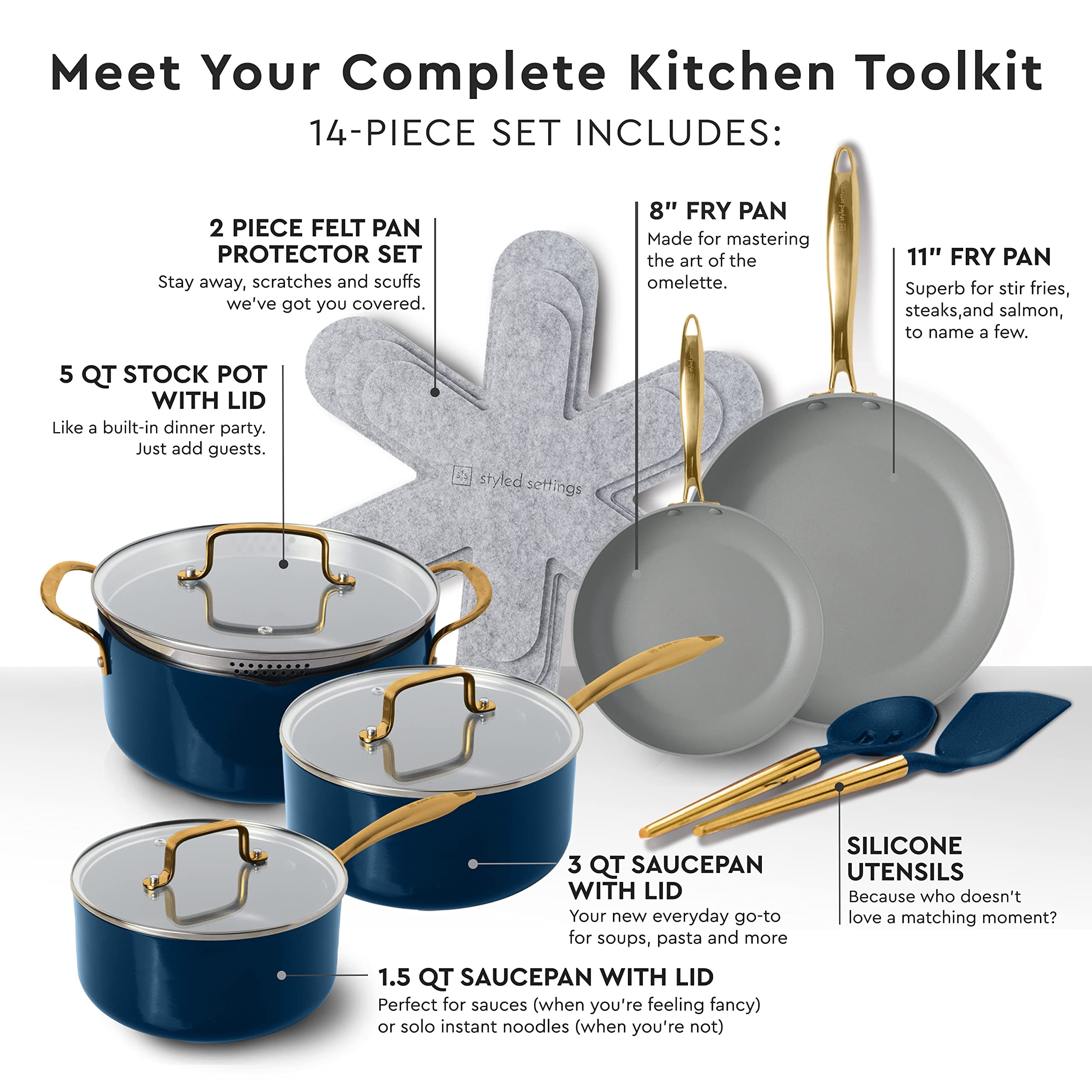 White and Gold Pots and Pans 15 PC Set - Premium Heavy Gauge Nonstick, Non  Toxic, PFOA Free, Oven and Dishwasher Safe, Induction Compatible Cookware  Set - Gold Kitchen Accessories: Home & Kitchen 