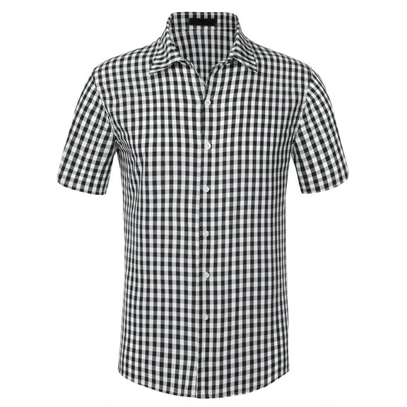 Unique Bargains Men's Checked Shirts Short Sleeves Button Formal Plaid Dress Shirt S Black