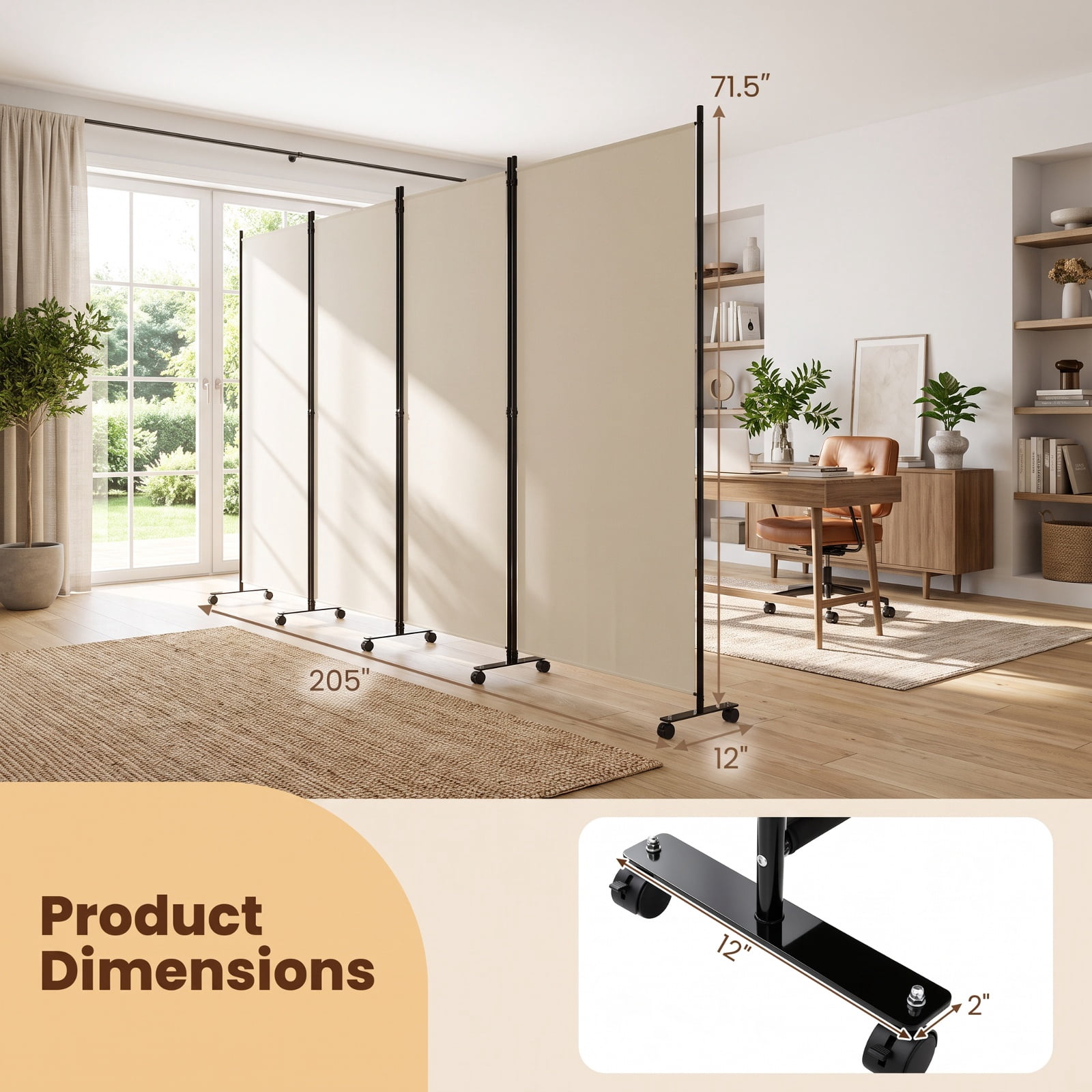 Vebreda 6-Panel Rolling Room Divider Folding Privacy Screen with Lockable Wheels, Freestanding Fabric Partition for Bedroom Office Studio, White