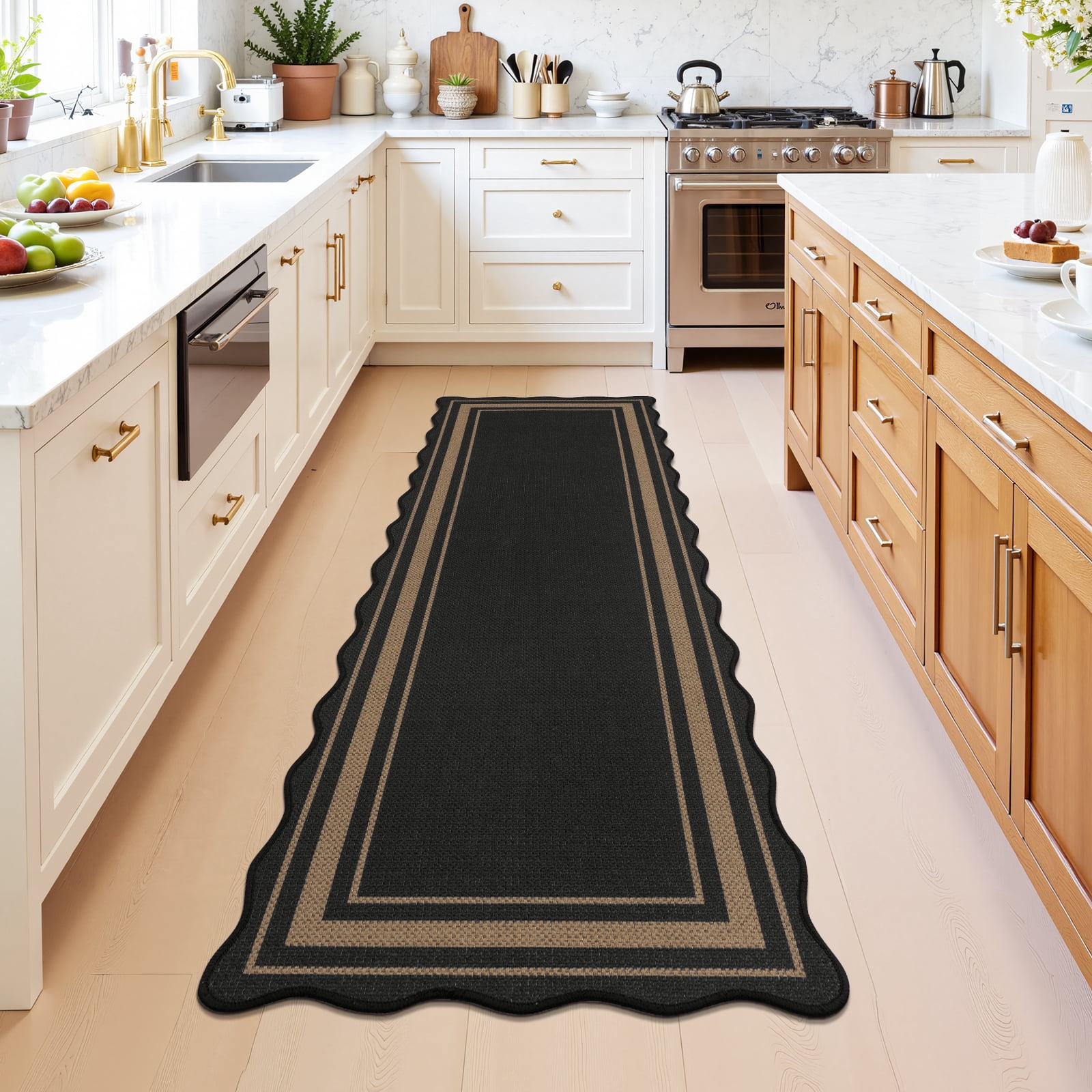 MeyJey 2'x6' Runner Rug for Hallway Washable Kitchen Rugs Non Slip Faux Jute Scalloped Indoor Carpet for Entryway Laundry Room Floor Mats