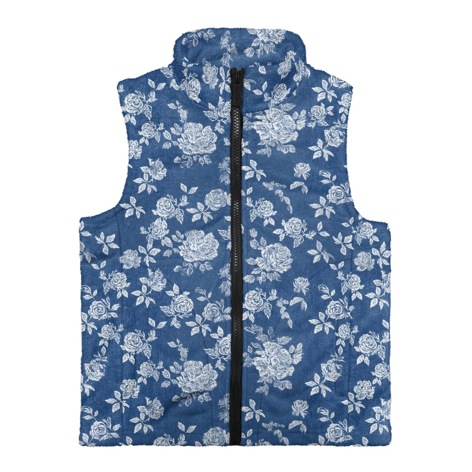 Xoenoiee Blue Rose Flower Print Girls Fleece Vest Sleeveless Outerwear Zipper Jacket Athletic Fall Winter Warm Coat with Pockets, Size 4T