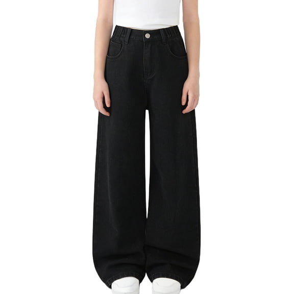 Crunowin Big Girls Denim Pants Wide Leg Drawstring Waist Comfortable Trendy Casual Jeans Black Size 46180