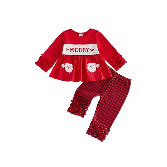 Loicainy Baby Toddler Girls Christmas Outfits 12 18 24 Months 2T 3T 4T 5T Long Sleeve O Neck A-line Tops Plaid Pants Clothes Set