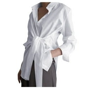 Women's Long Sleeve Button Down Shirts Tie Waist Blouses Tops White M
