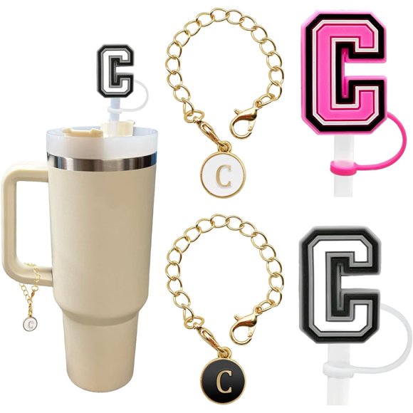 HAHDAXIA （2+2）2PCS Straw Cover for Stanley Cup 30&40 Oz 10mm Straw Topper with 2PCS Stanley Cup Accessories Letter Charms Name ID Initial Letter Handle Personalized Charm For Stanley Tumble