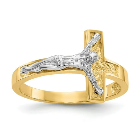 - Solid 14k Gold Two-tone Polished Crucifix Cross Ring (2mm) - Size 4