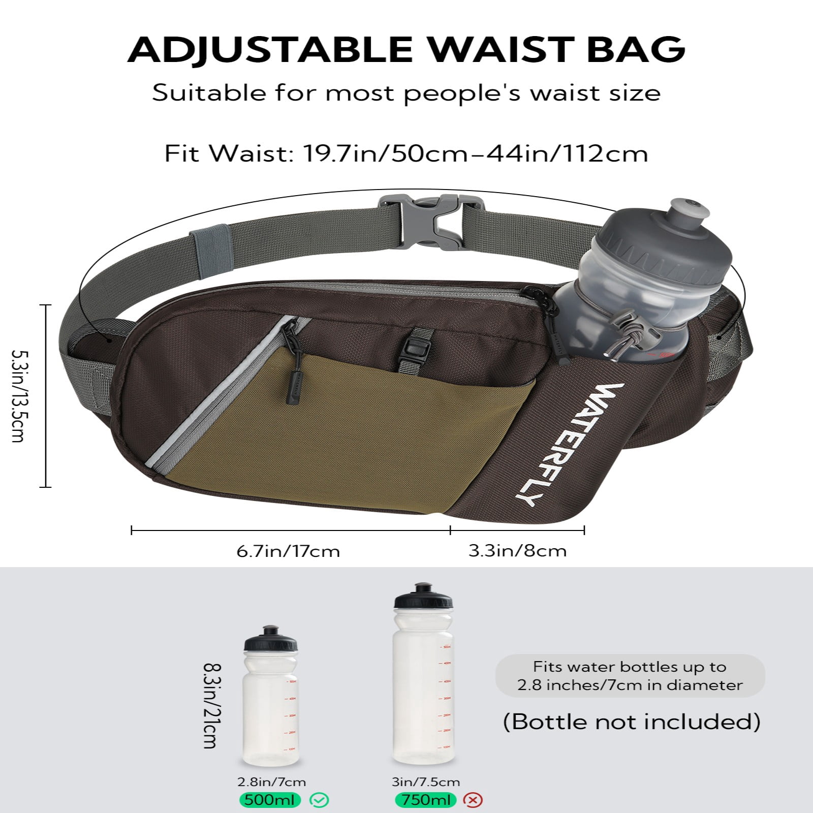 WATERFLY Unisex with Bottle Holder Running Walking Hiking Nylon Fanny Pack Waist Bag,Brown