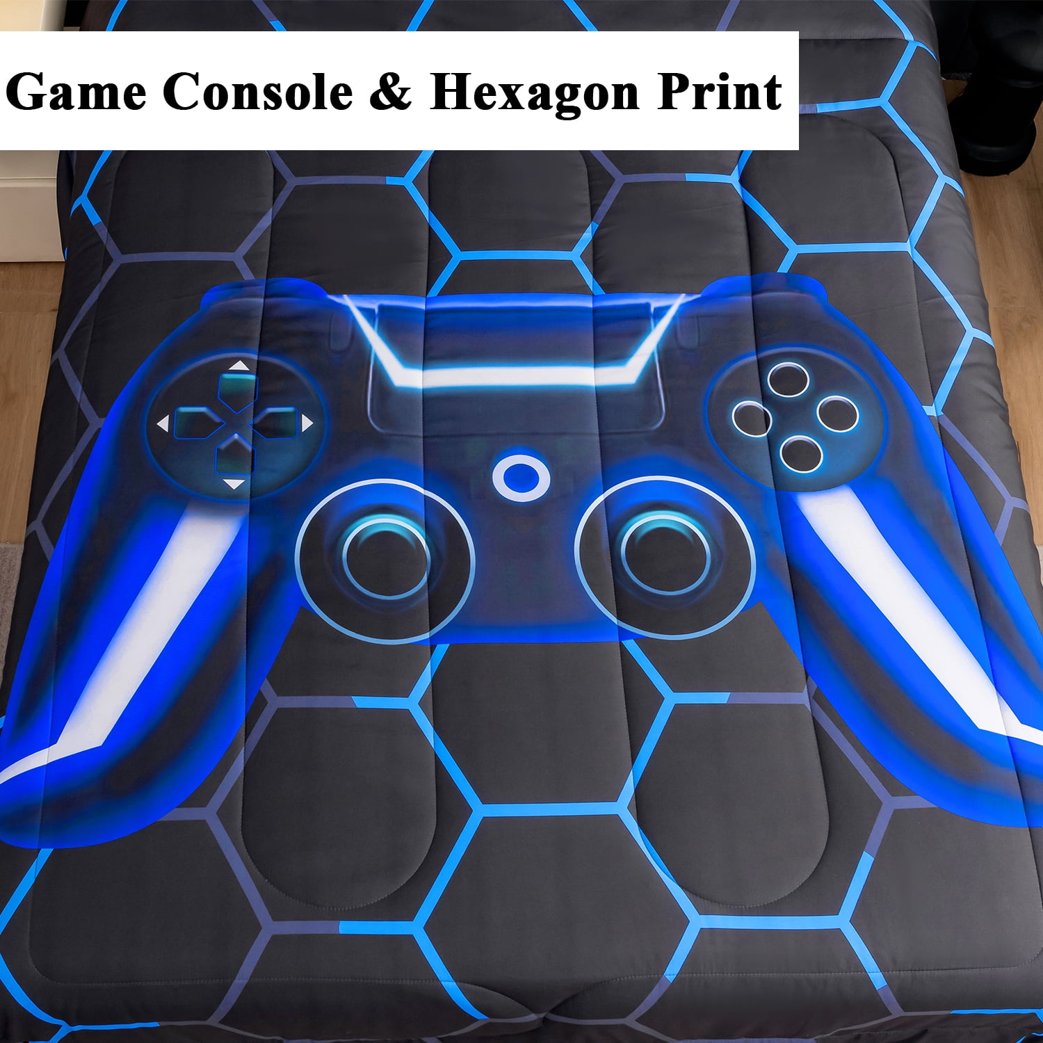 RYNGHIPY Blue Game Controller Bed in a Bag Comforter Set Queen Size for Boys Kids Teens Girls 6Pcs Video Game Buttons Bedding Set for Gamer Room Decor (Blue, Queen)