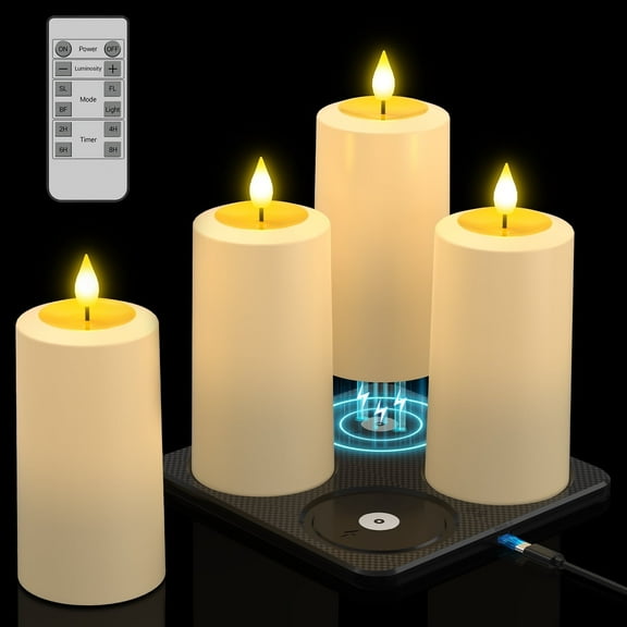 PChero 4Pack Rechargeable Flameless Candles with Remote Timer, Flickering LED Pillar Candle with Magnetic Charging Base, Battery Electric Fake Candles for Home Decor Halloween Christmas, Ivory