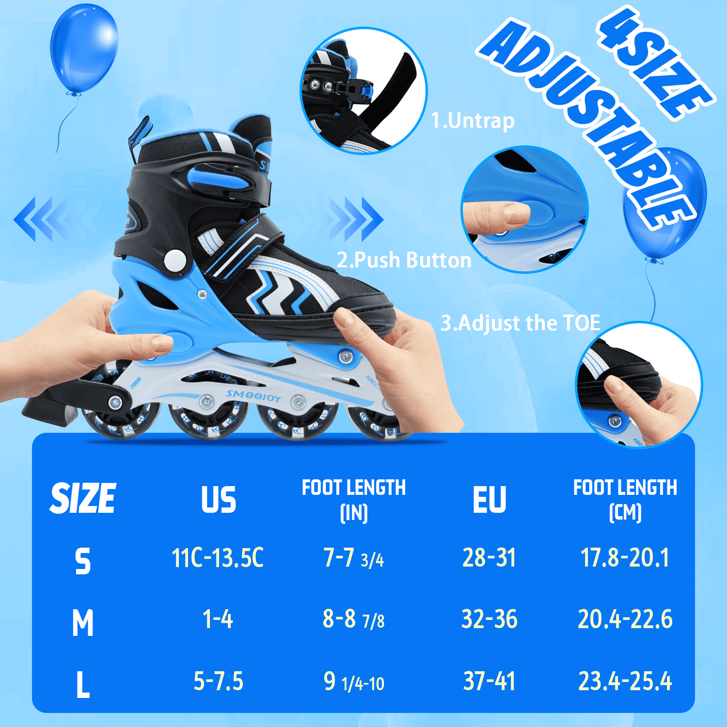 JZY Kids Inline Skates with Light-Up Wheels,4-Size Adjustable & Aluminum Frame Skate for Boys and Girls,Ideal for Beginners Ages 5-12
