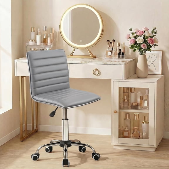 Chenshuoo Armless Vanity Office Chair with Wheels, Small Cute Makeup Desk Chair Ribbed Leather Swivel Computer Task Chair (Light Gray)