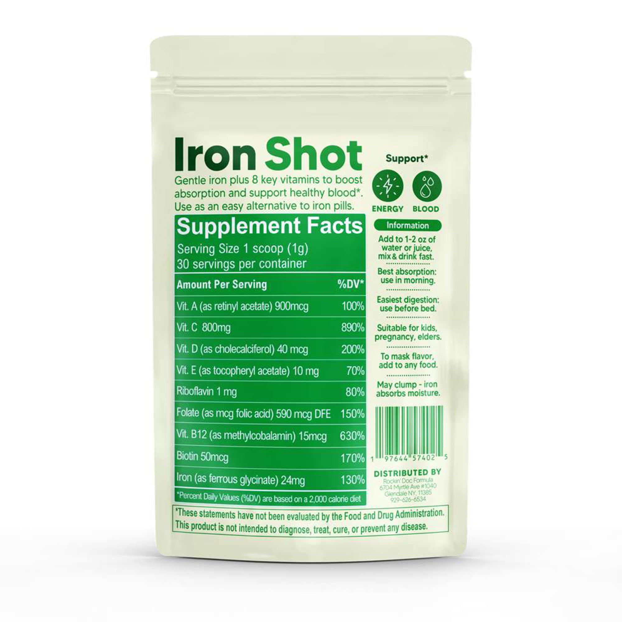 Smart Eats Iron Shot: 2-in-1 Iron-Multivitamin Blend | Highly Absorbed | Avoid Side Effects | 24mg Ferrous Glycinate | Vitamins B12, C, D, More | Boost Hemoglobin, Ferritin | Unflavored | 30 Scoops