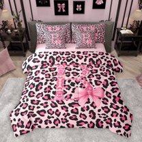 Manfei Ribbon Monogrammed B Twin Bedding Sets 7-Piece for Girl, Kawaii Princess Style Bedding Comforter Set, Chic Pink Cheetah Print Reversible Sheet Sets, Super Cozy Room Decor