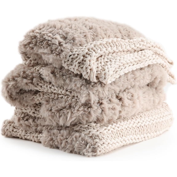 Ultra Soft Fuzzy Throw Blanket, Hand Knit with Faux Rabbit Fur and Cotton Chunky Yarn, Reversible Thick Fluffy Throws, Home Décor Piece for Couch, Sofa & Bed, Oatmeal 50x60 Inch