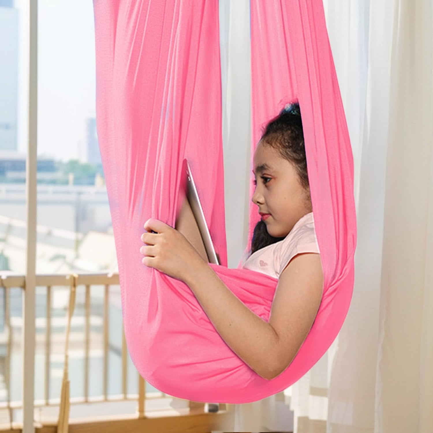 Indoor Sensory Swing for Kids : 60"×110" Autism Swing Indoor for Kids' Sensory Training Use,Sensory Swing Suitable for Children with Autism, ADHD, Sensory Impairments (Pink)