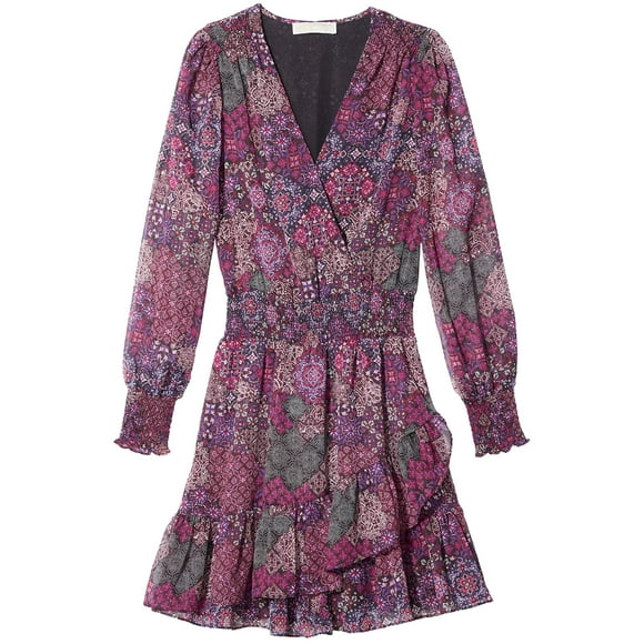 Michael Kors Womens Patchwork Ruffled Dress, Purple, Large