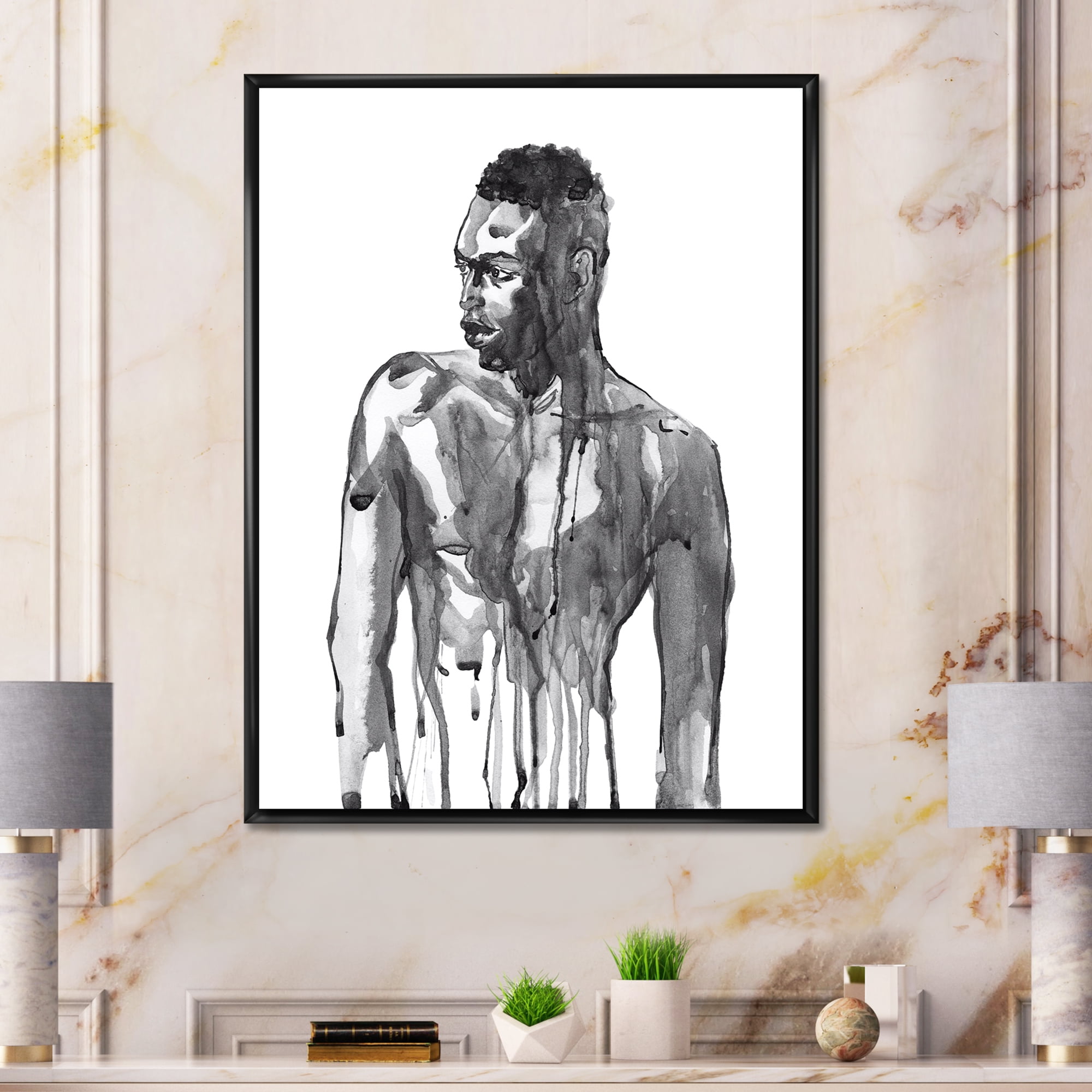 Designart 'Portrait of Handsome African Man On White I' Modern Framed Canvas Wall Art Print