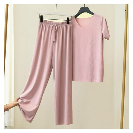 

Women s 2-Piece Summer Pajama Short Sleeve Tee & Loose Wide-Leg Pants Sleepwear