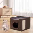 thumbnail image 1 of Cama de gato para gatos interiores escondite moderno antiinterráneo con cubo de almohadilla de rasguño semi completamente cerrada nido plegable cueva Marrón, 1 of 8