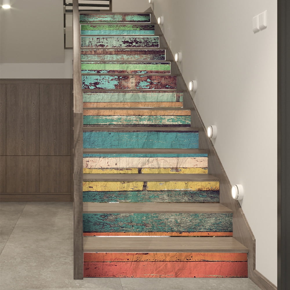 13PCS Farmhouse Self-Adhesive Stair Riser Stickers, Peel and Stick Contact Paper Staircase Decal, 39.37"x7.09", Color Wood