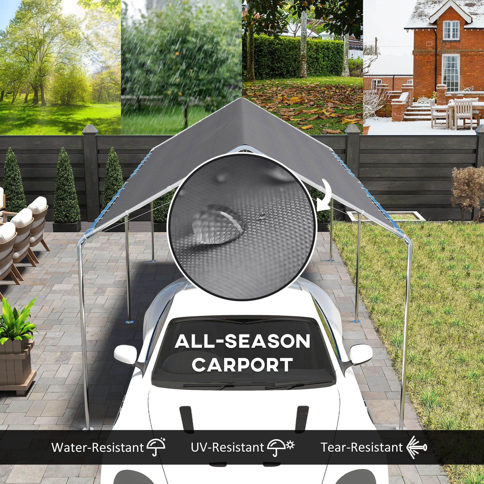 Outsunny 9.6' x 19.5' Carport Canopy, Heavy Duty Galvanized Steel Frame with PE Cloth, Weather Protection for Small to Medium Vehicles, Grey Outdoor Car Tent with Anchor Kit